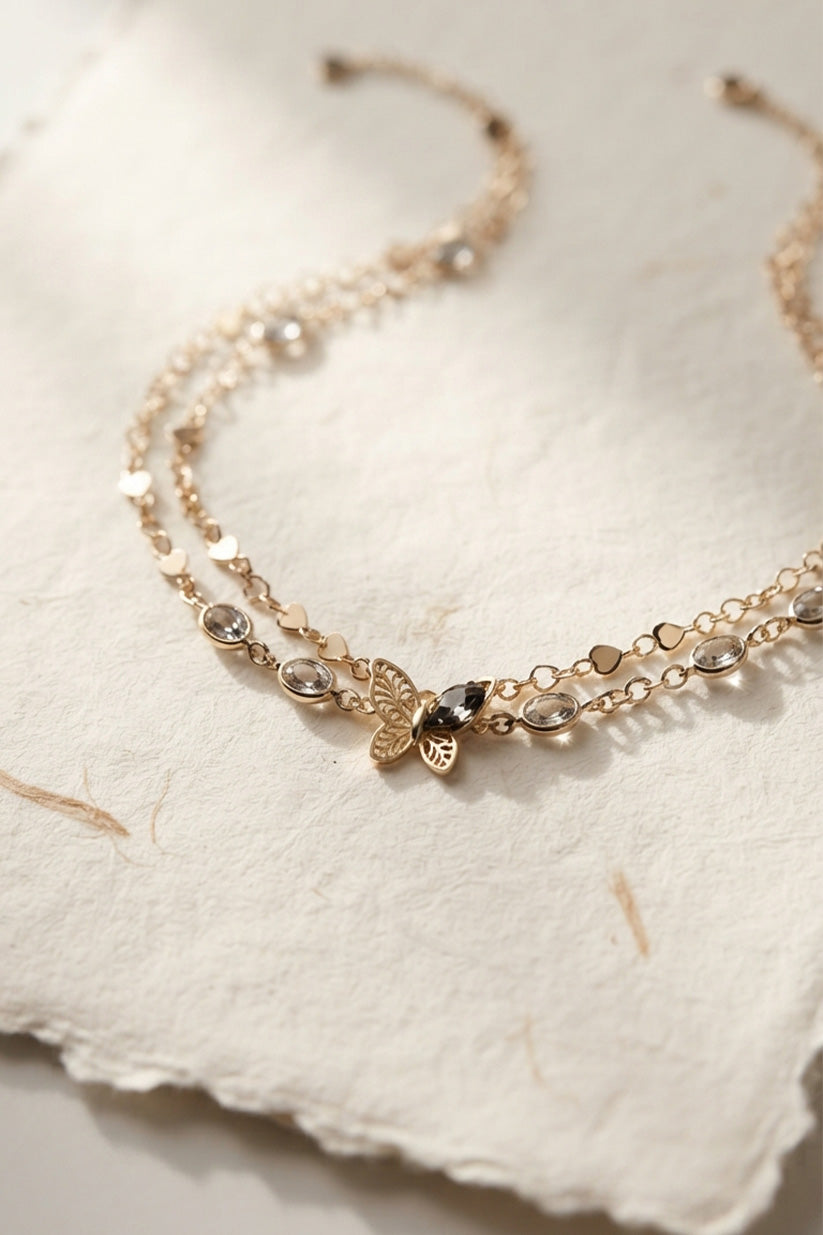 Butterfly Charm Double Layer Gold Anklet with Crystal Accents for Women