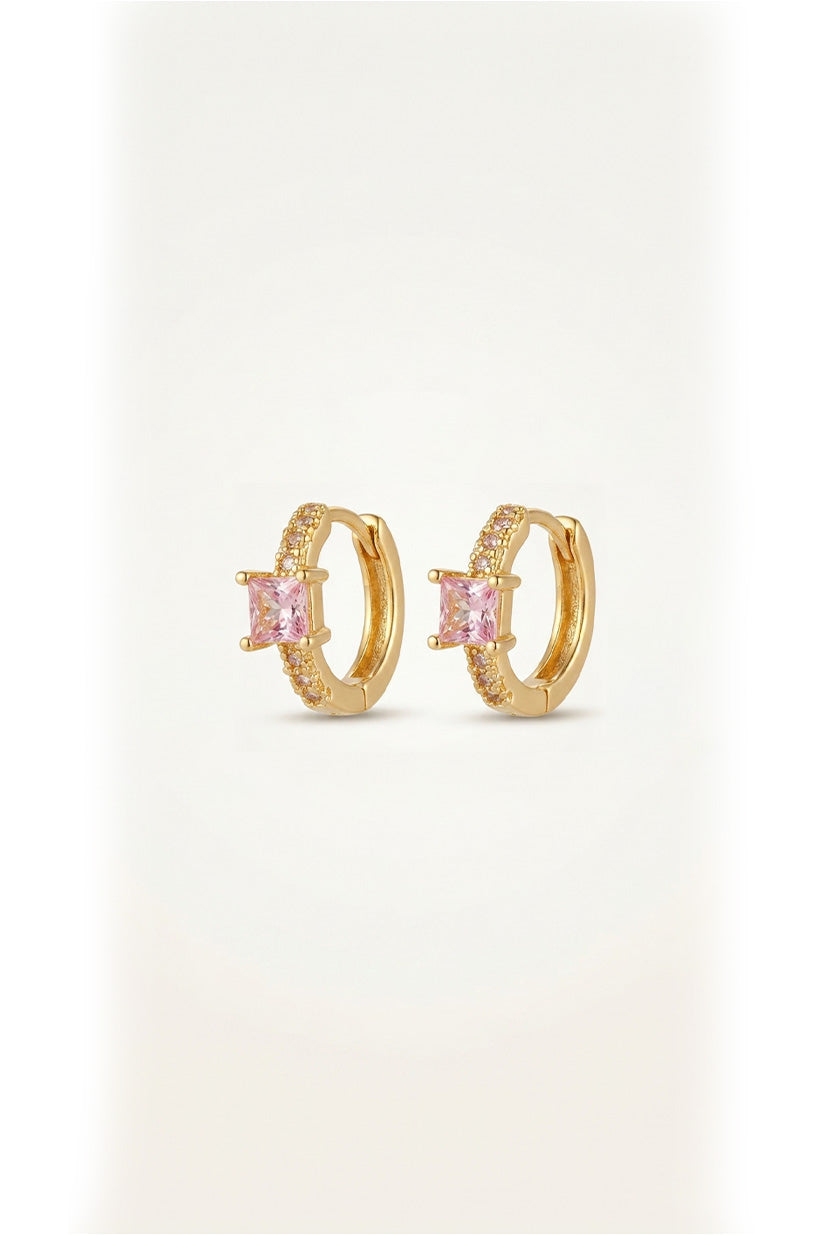 Princess Cut Gemstone Huggie Hoop Earrings – Gold (Available in Ruby Red, Emerald Green & Blush Pink)