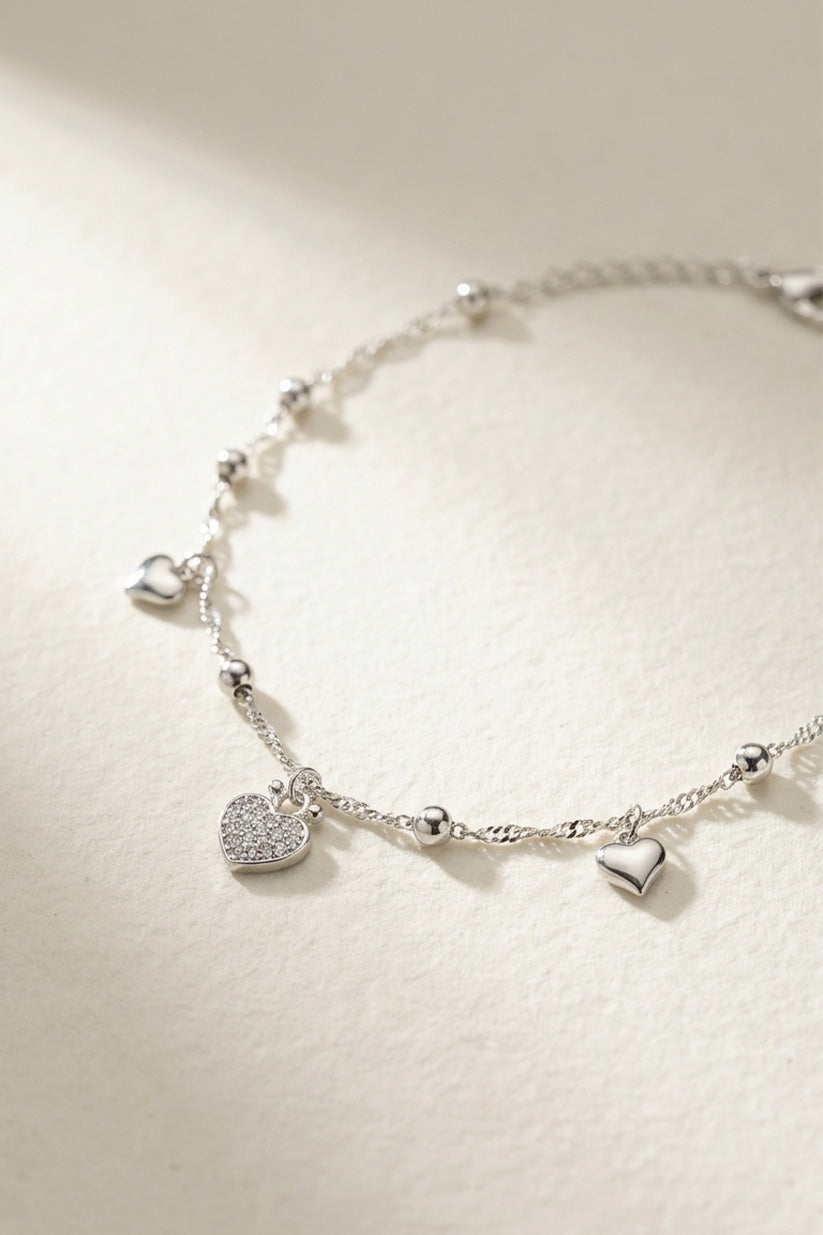 Silver Heart Charm Anklet – Dainty Double Chain Beaded Anklet for Women