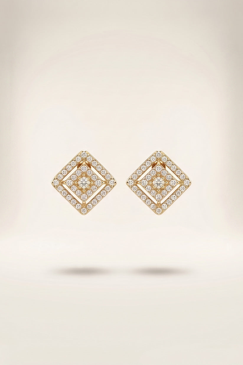 Geometric Square Crystal Stud Earrings – Gold Tone