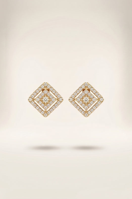 Geometric Square Crystal Stud Earrings – Gold Tone
