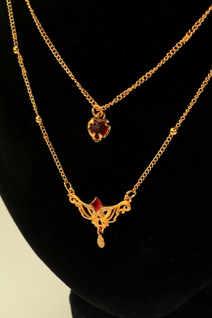 Double Layer Gold Necklace with Crystal Pendant