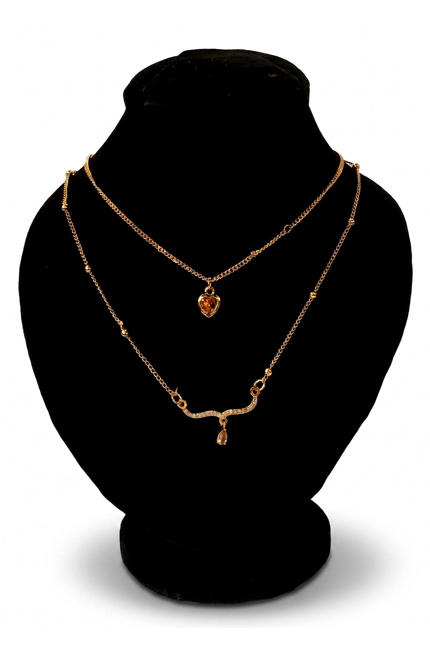 Double Layer Gold Necklace with Crystal Heart Pendant
