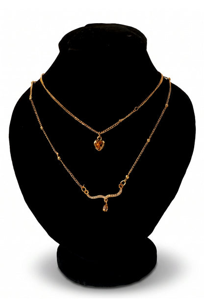 Double Layer Gold Necklace with Crystal Heart Pendant