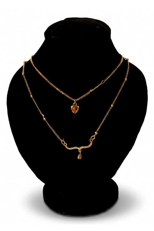Double Layer Gold Necklace with Crystal Heart Pendant