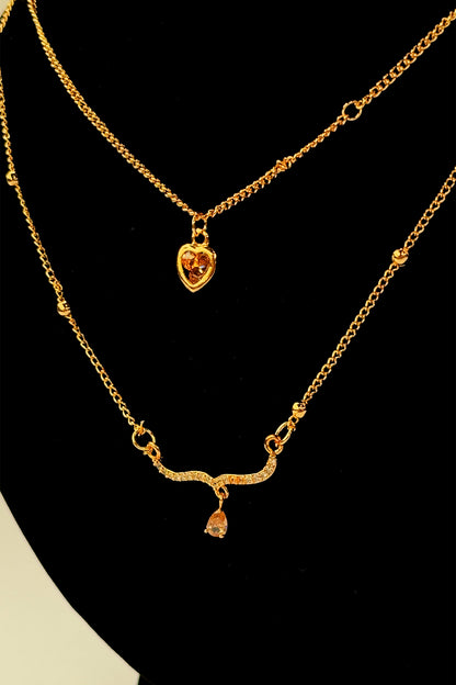 Double Layer Gold Necklace with Crystal Heart Pendant