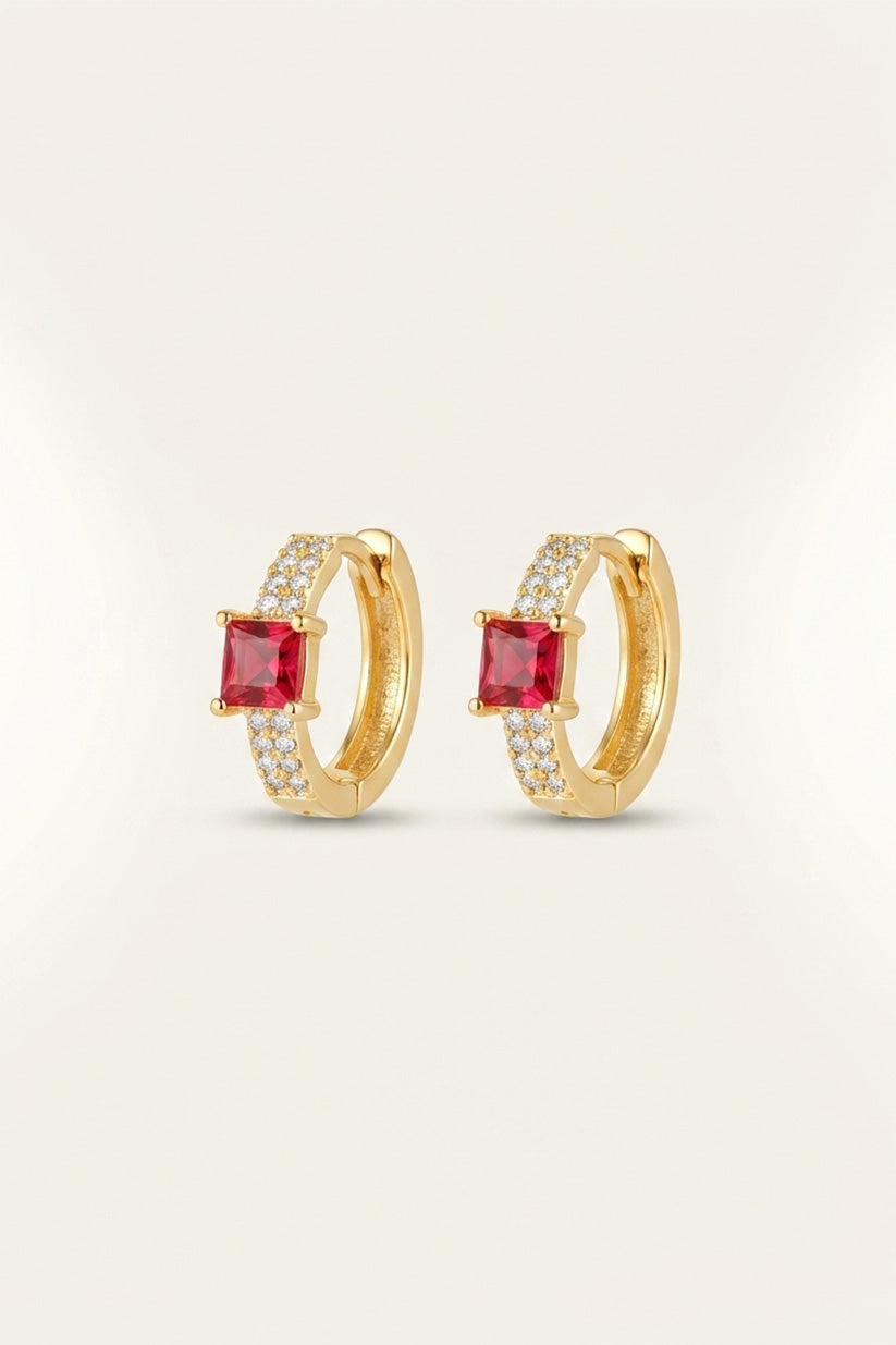 Princess Cut Gemstone Huggie Hoop Earrings – Gold (Available in Ruby Red, Emerald Green & Blush Pink)