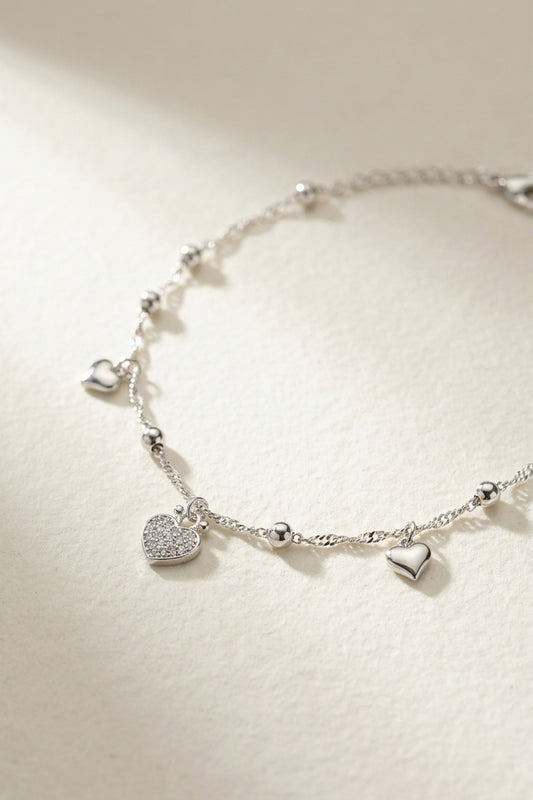 Silver Heart Charm Anklet – Dainty Double Chain Beaded Anklet for Women
