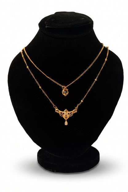 Double Layer Gold Necklace with Crystal Pendant