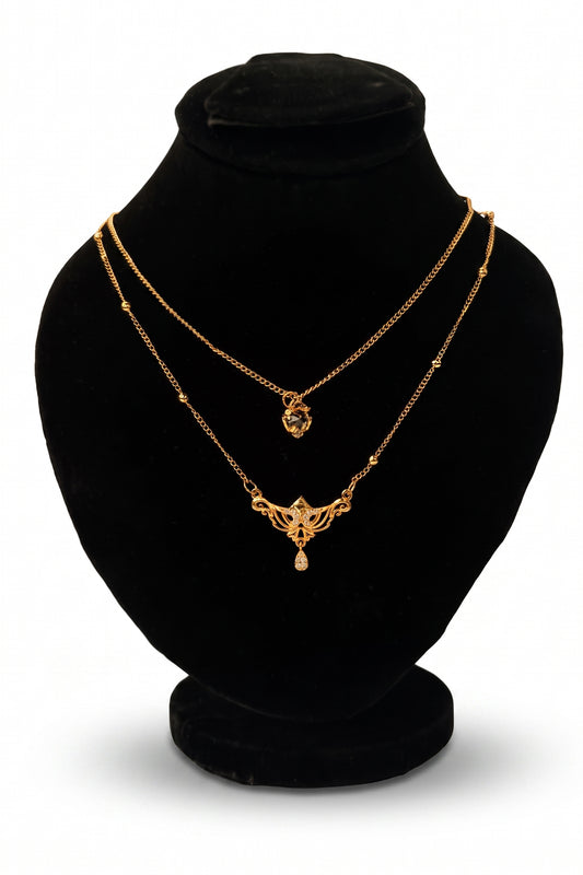 Double Layer Gold Necklace with Crystal Pendant
